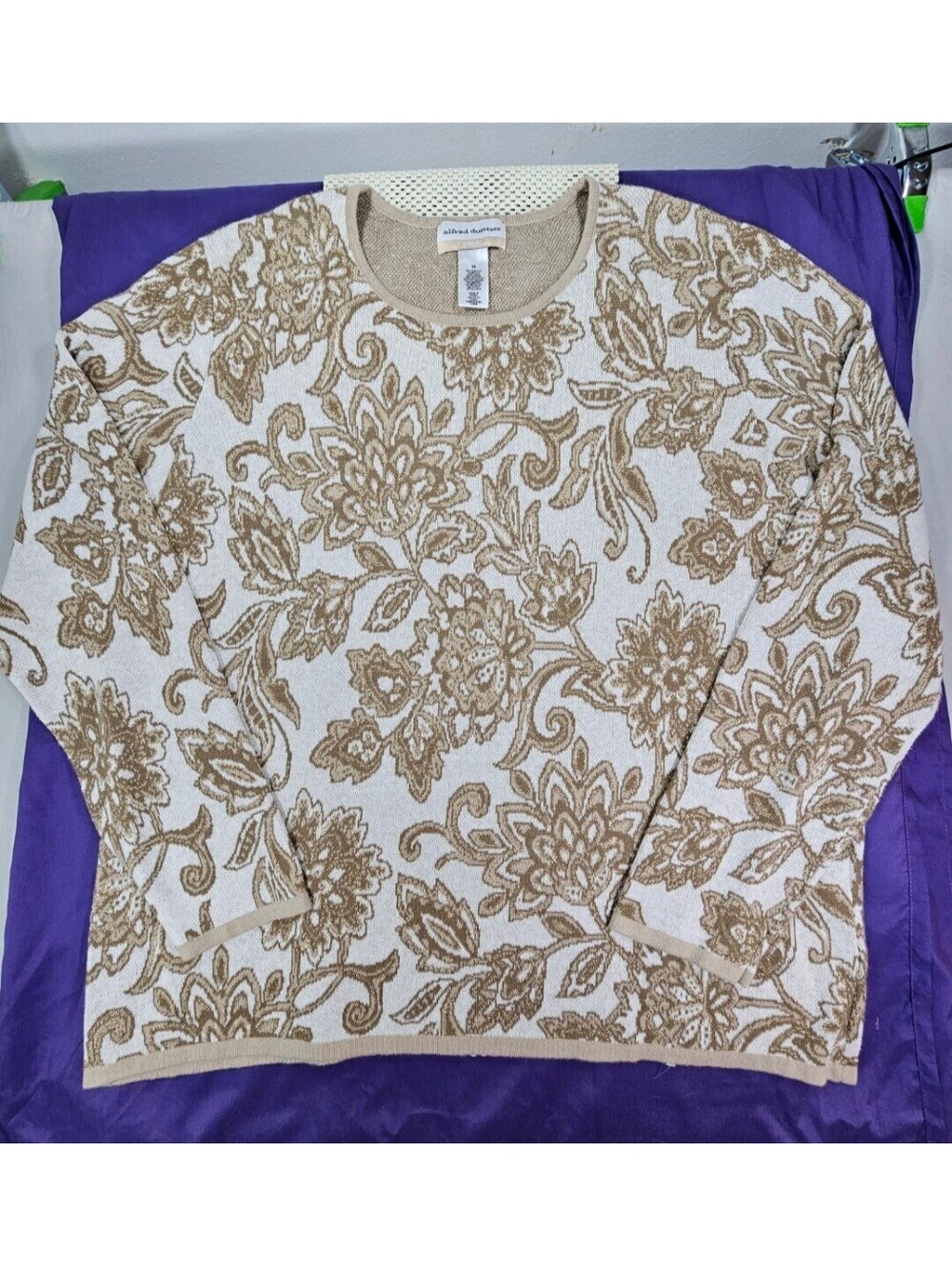 Alfred Dunner Women 3X Floral Sweater Gold Metallic Thread Ivory Tan Holiday